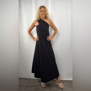 Aakasha One Shoulder Kaftan Linen Maxi‎ Dress in Black Size Extra Small